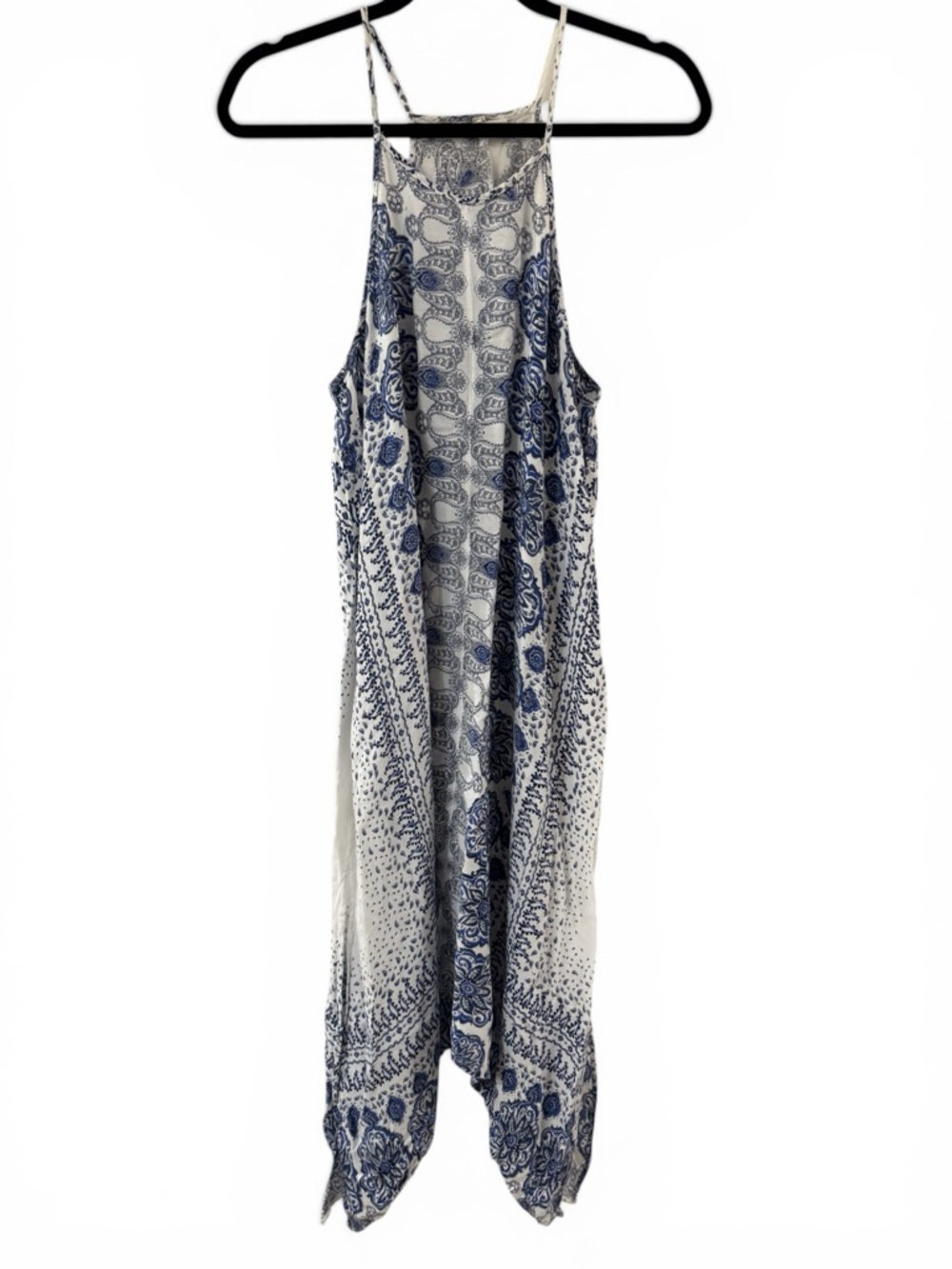 Japna Blue White Paisley Handkerchief Hem Halter Neck Boho Midi Dress Womens XL